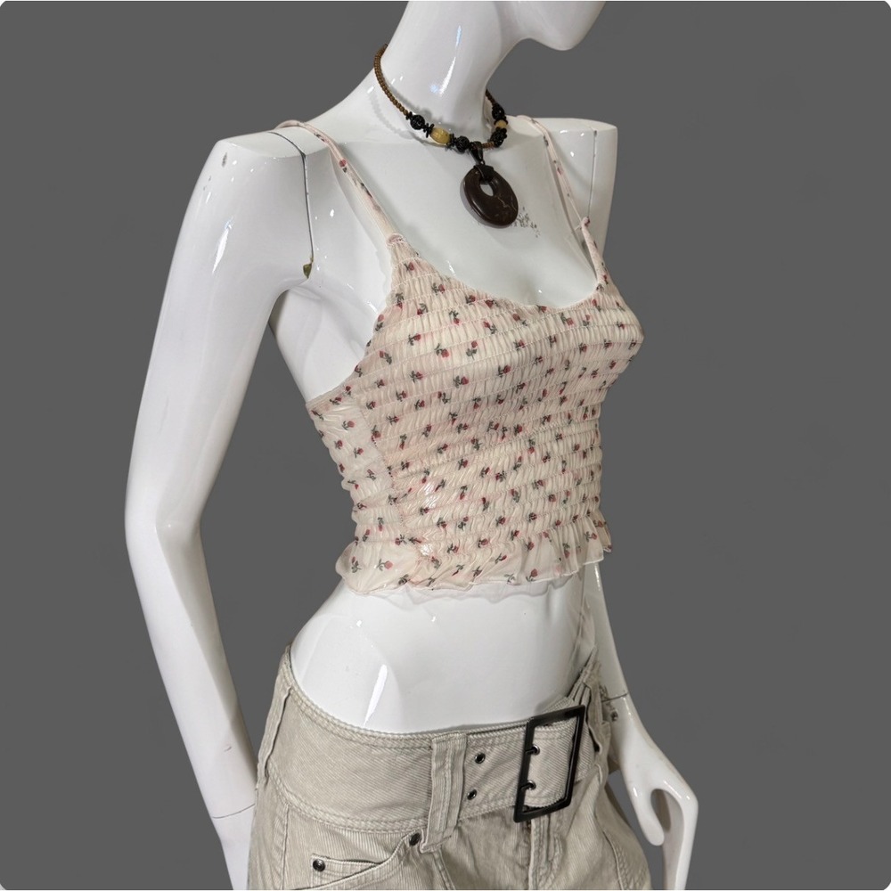 Sheer Floral Mesh Cami Top Ruched Coquette Fairycore XS/S